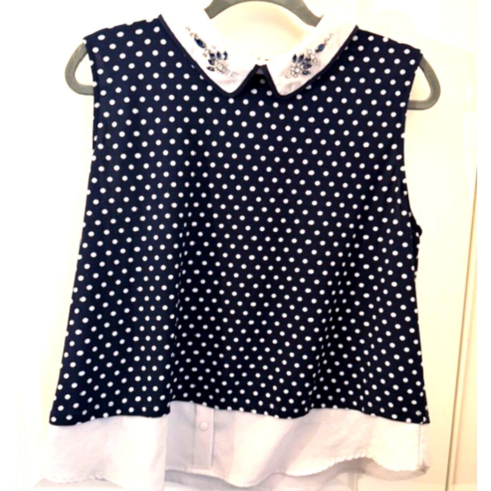 Faith and Joy Polka Dot Blouse Size L Embellished Collar Layered Top